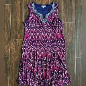JM Collection Petite Large Navy and Pink Printed Sleeveless Dress with sequins